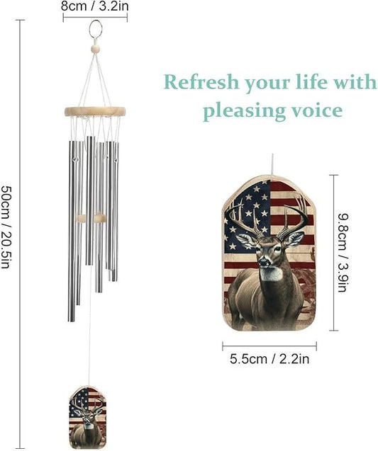 Wind Chimes for Outside,Americana Flag Deer Printed Cute Aluminium Windchimes Outdoors,Soothing Melodic Memorial Wind Chime for House Porch Patio Garden Balcony Decor