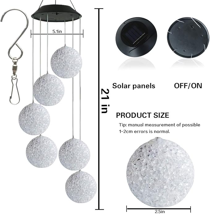TDA Solar Wind Chimes Light Outdoor Changing Color Decorative Mobile Portable for Patio Walkway Pathway Backyard Landscape Decoration (Ball)