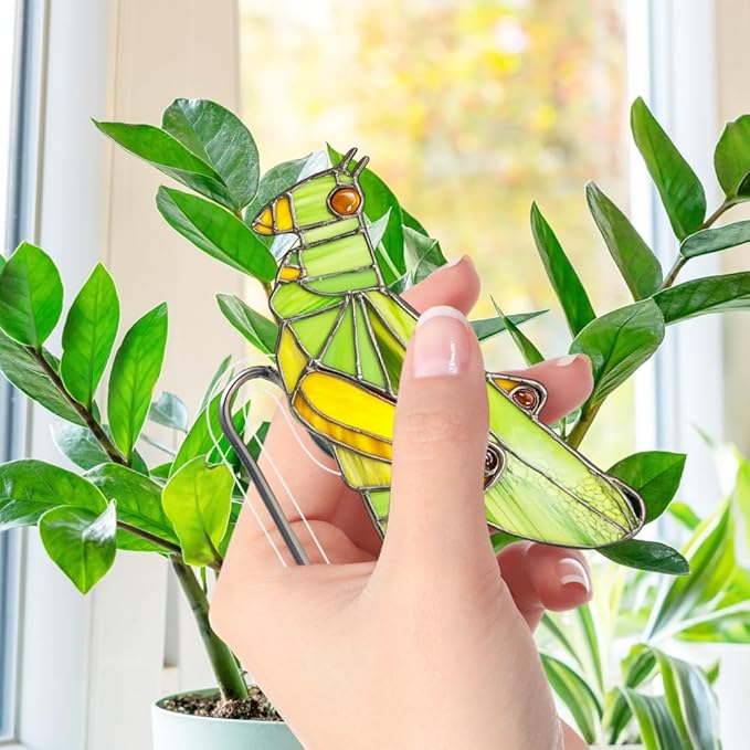 JOONOR 2 Pieces Stained Acrylic Moth Flower Pot Hugger Cute Animal Moth Grasshopper Statue for Planter Hanger Decorations Outdoor Fairy Garden Planter Edge Accessories,Style E