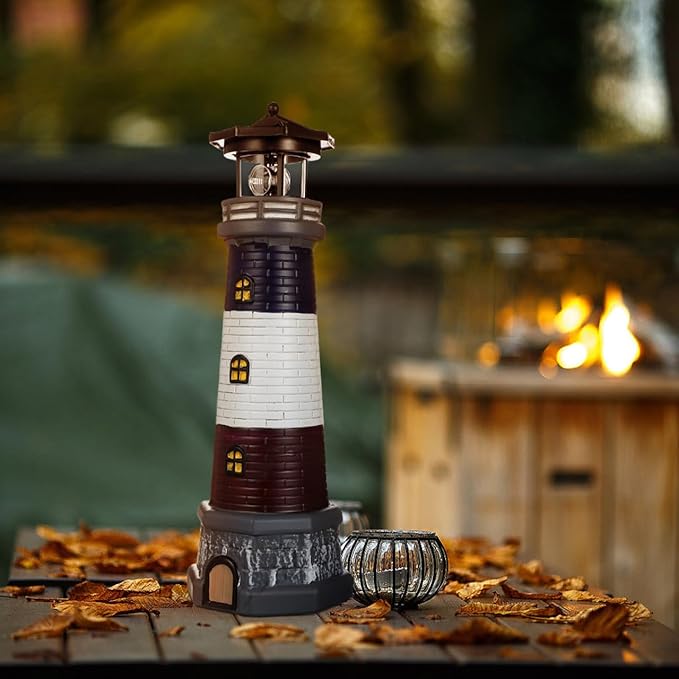 Solar Lighthouse Outdoor Statues, 360° Rotating Beacon Garden Lighthouse, 15" Light House for Outside Garden Yard Decor, Waterproof Resin Nautical Figurines for Patio Lawn Landscape Lighting (Black)