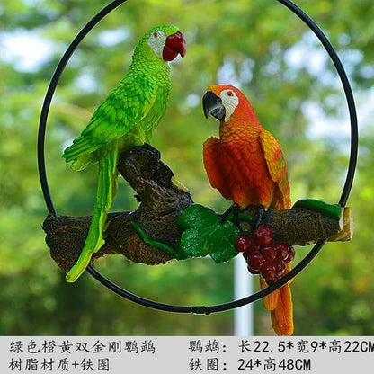 Mini Garden Statues Hanging Iron Ring Parrots, Resin Parrot Hanging Statue, Hanging Birds Figurine for Pathways Yard Patio Office Home Indoor Outdoor Tree Decorations (C-2)