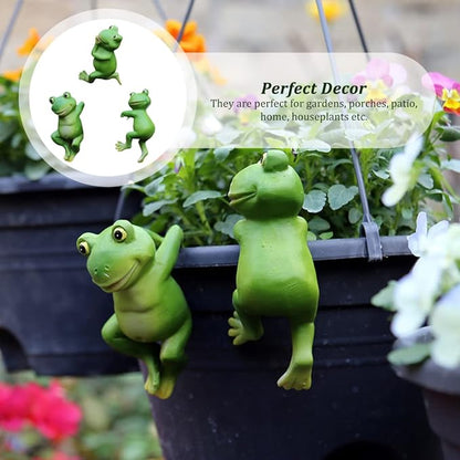 Garden Sculptures, Cute Frog Figurines Hanging Animal Statue Garden Ornaments Decor for Flower Pot Fence Yard 3 Pcs