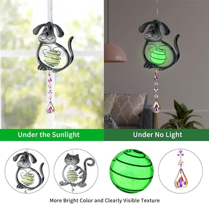 Cat＆Dog Garden Suncatcher,2 Pack Suncatchers with Crystal,Metal Sun Catchers Indoor Window Ornament for Outdoor Indoor Home Garden Decoration
