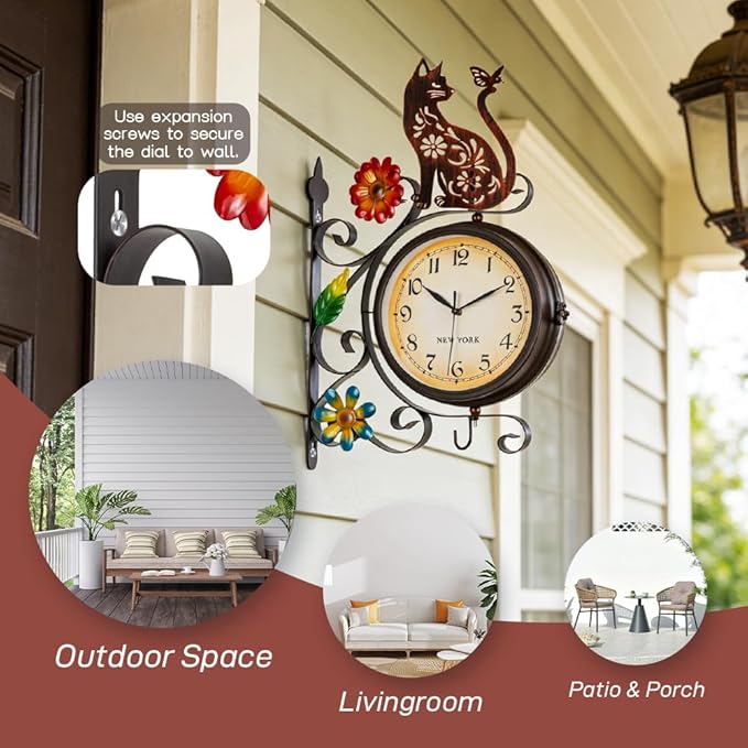 Vintage Double Sided Wall Clock with Metal Frame Antique Cat Wall Clock for Outdoor, Silent no-Ticking Watches & 360 Degree Rotate, Decorative Art Decor for Patio Living Room Restaurants