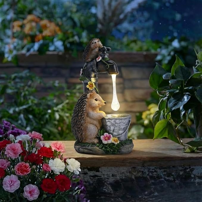 TERESA'S COLLECTIONS Garden Decor, Cute Hedgehogs and Faucet Garden Decor with Solar Light, Waterproof Resin Garden Statue, Outdoor Hedgehogs Figurines, Garden Gift for Women Mom, Indoor/Outdoor
