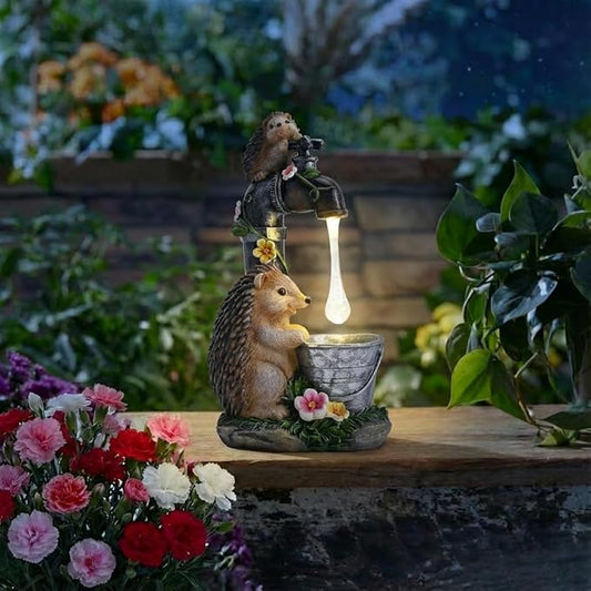 TERESA'S COLLECTIONS Garden Decor, Cute Hedgehogs and Faucet Garden Decor with Solar Light, Waterproof Resin Garden Statue, Outdoor Hedgehogs Figurines, Garden Gift for Women Mom, Indoor/Outdoor