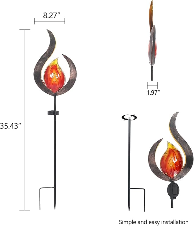 Asense Outdoor Metal Sculpture Art Decor Garden Solar Lights Pathway Stake, Solar Powered LED Lights for Lawn Patio Courtyard, Flame Shape