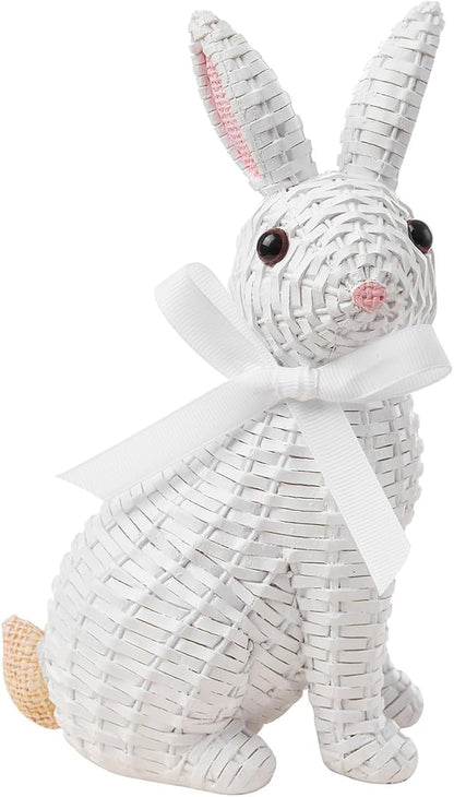 Rattan Rabbit Bow Resin Ornament (8.1in White Seat, Multi Color) for Home Decoration and Easter Gift