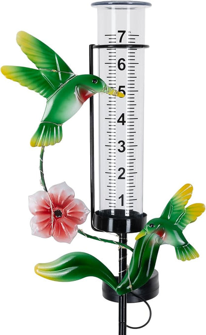 Hummingbird Rain Gauge Outdoor, Solar Stake Rain Gauges for Yard with LED Lights & Plastic Measuring Cup Large Rain Gauge Outdoor Decorative Water Gauge for Rain for Garden, Lawn, Pathway Decor