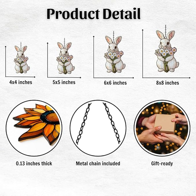 Whimsical Pastel Floral Bunny Mosaic Acrylic Suncatcher Stained Glass Effect Window Car Hanging Christmas Ornament Indoor Outdoor Decor Garden Sun Catcher Panel for Easter Lover for Women Mom Grandma