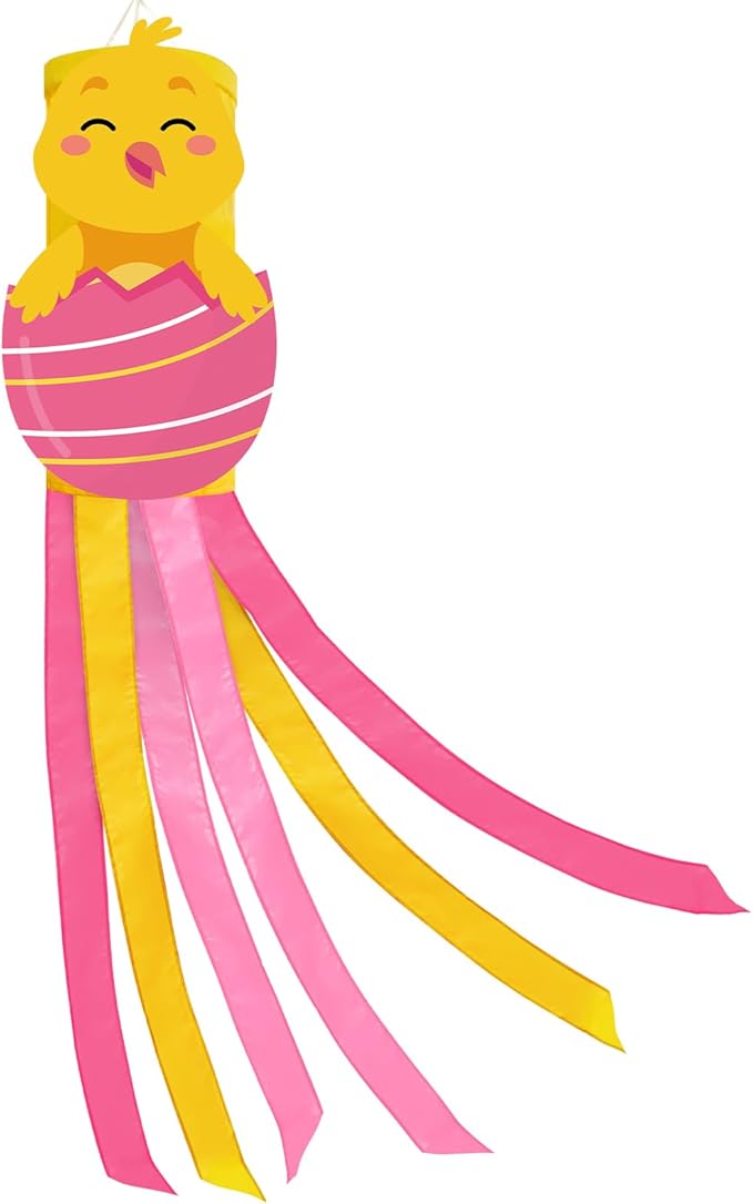 40 Inches Easter Chick Windsock Decorations, Hanging Outdoor Spring Decor with Pink Egg, and Pastel Colors Streamers, Festive Wind Sock Ornament Sign for Outside Garden, Home, Porch, and Yard