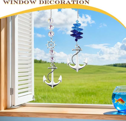Nautical Crystal Suncatchers Set Window Hanging Glass Ship Wheel Hanging Ornaments for Home Boat Decor Sailor Nautical Gifts Sailing Sun Catcher Home Garden Decoration