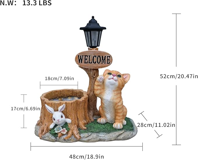 20" Solar Cat Garden Statue with Welcome Sign & Planter - Large Cat Sculpture with LED Street Lantern - Weatherproof Resin Decorative Flower Pot for Porch, Yard & Patio - Pet Lover Gift