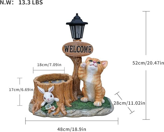 20" Solar Cat Garden Statue with Welcome Sign & Planter - Large Cat Sculpture with LED Street Lantern - Weatherproof Resin Decorative Flower Pot for Porch, Yard & Patio - Pet Lover Gift