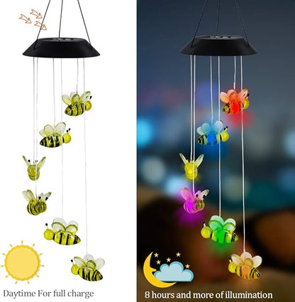 MorTime LED Solar Bee Wind Chime, 25" Mobile Hanging Wind Chime for Home Garden Decoration, Automatic Light Changing Color(Honeybee)