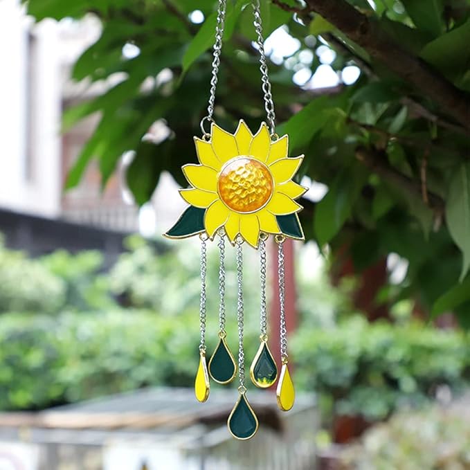 Sunflower Wind Chimes Ornaments, Small Beautiful Stained Glass Window Hanging Panel Decoration with Chain for Home Panel Patio Porch Garden Backyard Decor Gift(Size:30 x 8 cm)