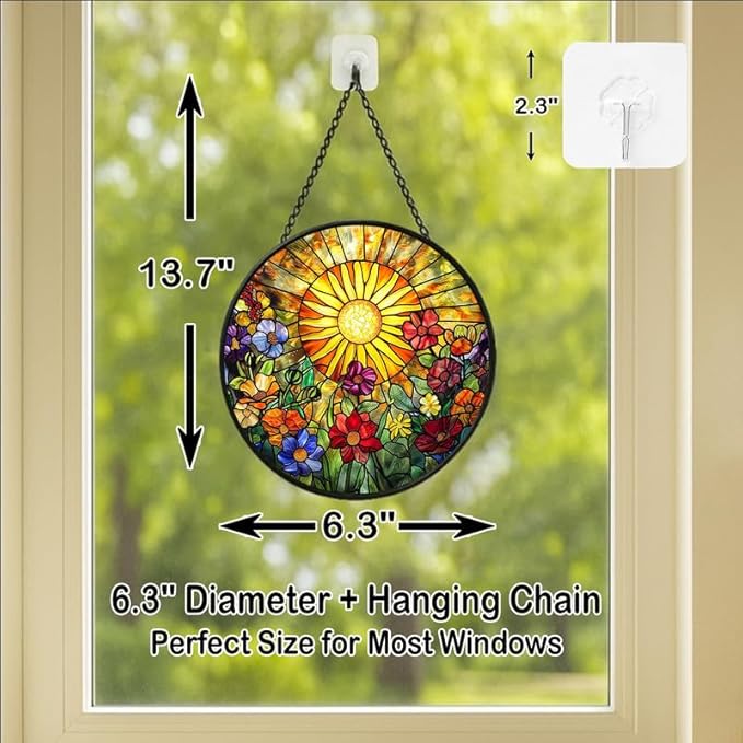 Stained Glass Window Hanging - Radiant Crystal Floral Sunburst 6.3in Sun Catchers Indoor Stained Glass Panels Wall Decor for Mom,Wife,Lovers,Festive