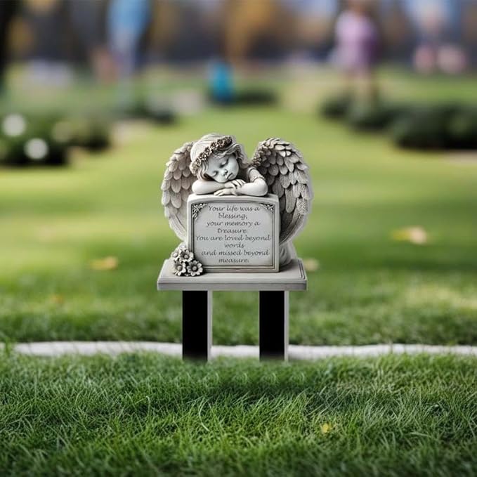 Garden Angel Statue, Angel Tombstone Commemorative Plaque, Memorial Plaque with Sleeping Angel Garden Statue, Sympathy Gift Human Memorial Gifts, in Memory of Loved One, Bereavement Gifts
