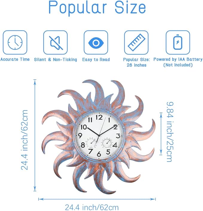 Large Outdoor Clock Silent Non-Ticking, Outdoor Wall Clock with Thermometer & Hygrometer Combo, Quartz Outside Clock for Patio, Garden, Living Room (Blue)