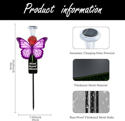 Solar Purple Butterfly Memorial Stake - Missed Beyond Measure Engraved Metal Grave Decorations, Sympathy Gifts for Loss of Sister Daughter Mom (Butterfly)
