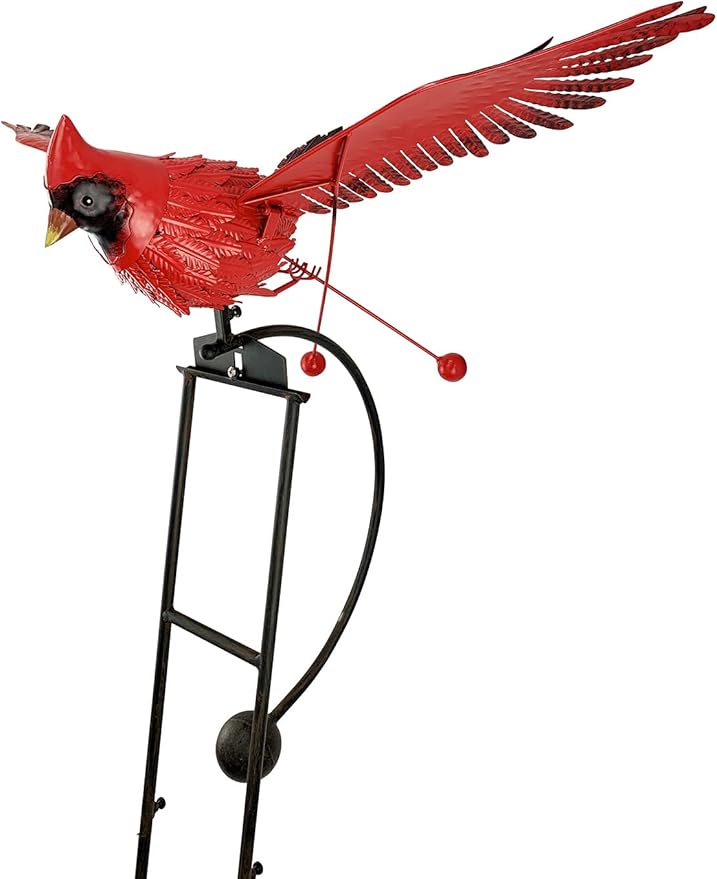 Red Carpet Studios Garden Stake Yard Art Metal and Glass Balance Rocker with Heavy Duty Stake, 4.5 Feet Tall, Cardinal