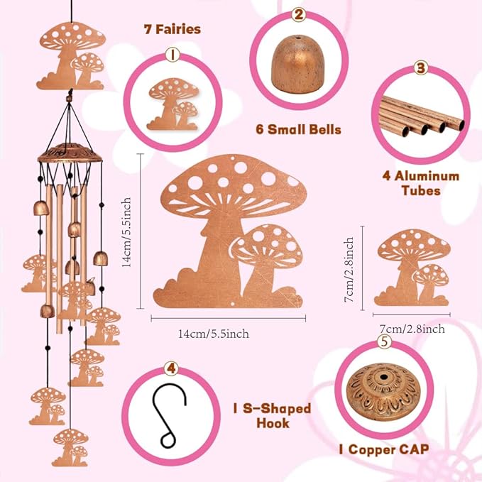 Melodious Melodic Tones Wind Chimes for Outside, Mushroom Decoration Windchimes Suitable for Outdoor Garden Patio Porch Decor, 33“ Metal Memorial Wind Chimes Gifts for Friends and Family