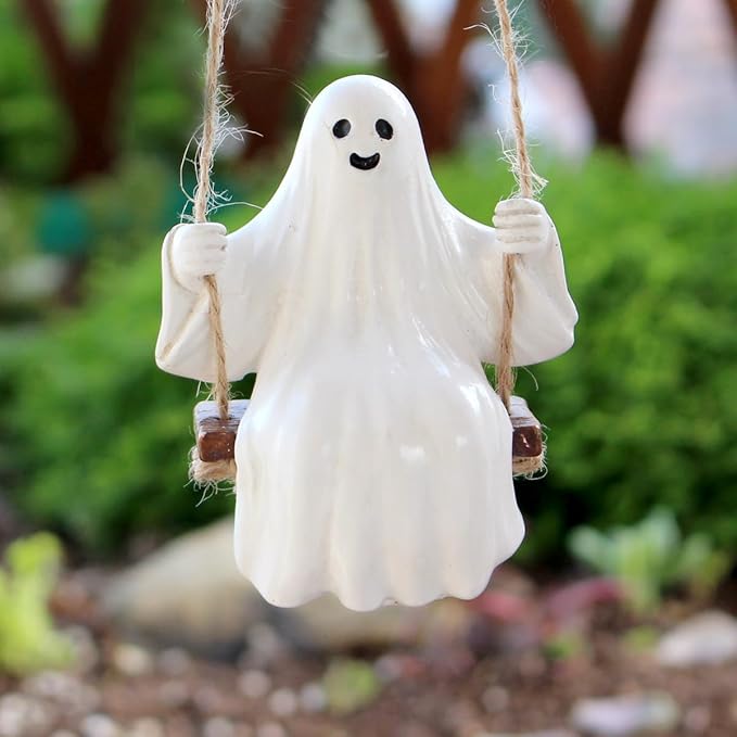 Swing Ghost Garden Statue Outdoor Halloween Decor, 3.39 Inch Cute Ghost Figurine Resin Sculpture Funny Tree Hanging Ornaments for Patio Lawn Yard