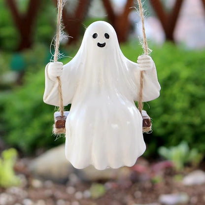 Swing Ghost Garden Statue Outdoor Halloween Decor, 3.39 Inch Cute Ghost Figurine Resin Sculpture Funny Tree Hanging Ornaments for Patio Lawn Yard