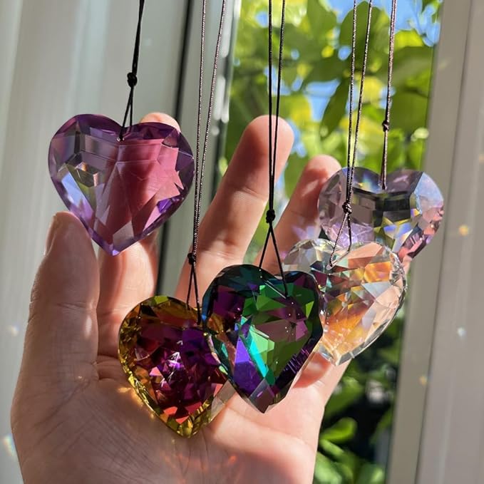 Colorful Heart Crystals Suncatcher Hanging Sun Catcher with Chain Pendant Ornament for Window Home Garden Christmas Day Party Wedding Decoration (AB Color)