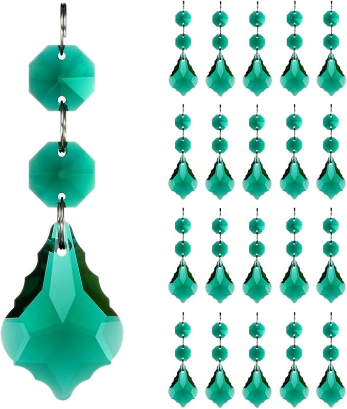 20pcs Chandelier Crystals Maple Leaf Prism Pendant Parts Connected Glass Octagon Beads Chain for Chandelier Decoration 38mm (Peacock Green)