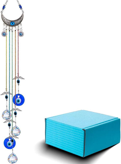 20inch Blue Evil Eye Hanging Crystals Suncatcher Ornament for Christmas Tree with Chakra Energy Crystal Ball Prism Pendant Rainbow Maker for Home Decor Protection
