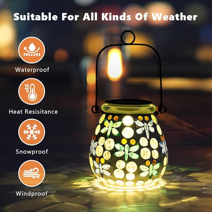 Stargarden Mosaic Solar Lanterns Outdoor Waterproof, Dragonfly Lanterns Decorative Outdoor, Glass Hanging Solar Lights Table Lamp for Yard, Garden Decor