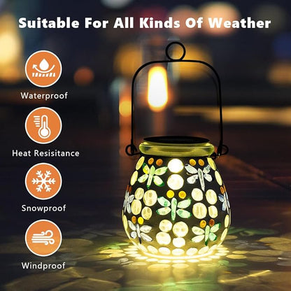 Stargarden Mosaic Solar Lanterns Outdoor Waterproof, Dragonfly Lanterns Decorative Outdoor, Glass Hanging Solar Lights Table Lamp for Yard, Garden Decor