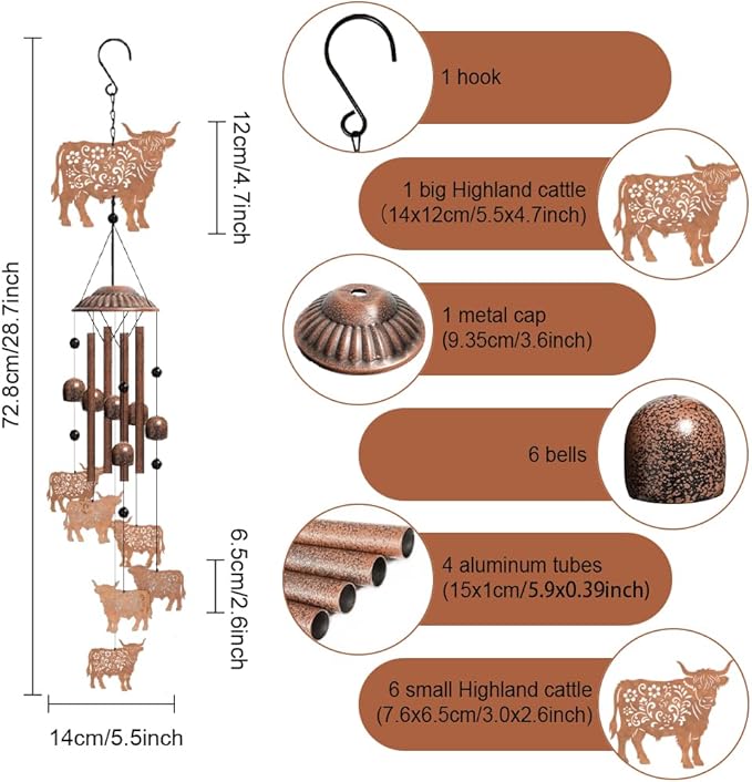 OLYCRAFT Highland Cow Wind Chimes Outdoors Wind Chime Sympathy Memorial Windchime Iron Windchime Memorial Presents Animal Hanging Windbell for Patio Backyard Home Garden Pendant Decoration