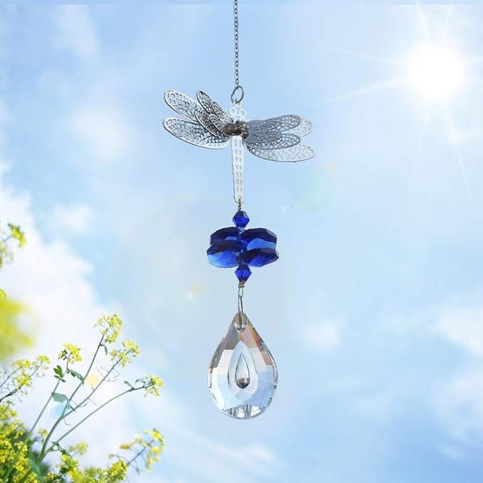 WEISIPU Crystal Suncatcher Prism - Dragonfly Suncatchers for Windows Hanging Rainbow Maker, K9 Crystal Metal Dragonfly Ornament, Christmas Tree Decor, Gifts (Blue)