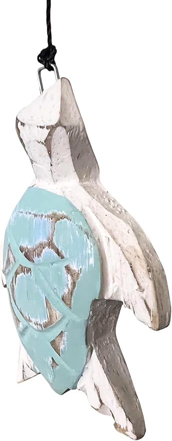 Rustic Sea Turtle Bamboo and Wood Windchimes – Outdoor Wind Chime – Distressed Finish – Whitewash & Teal Blue – Natural Beautiful Relaxing Sound