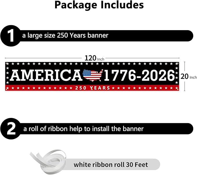 Probsin Large 250 Anniversary USA Banner 120" x 20" America 1776-2026 250 Years of Freedom American Map Black Patriotic Party Supplies Home Decorations for Outdoor, Indoor, Yard, Garden, Porch, Lawn