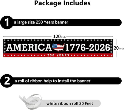 Probsin Large 250 Anniversary USA Banner 120" x 20" America 1776-2026 250 Years of Freedom American Map Black Patriotic Party Supplies Home Decorations for Outdoor, Indoor, Yard, Garden, Porch, Lawn