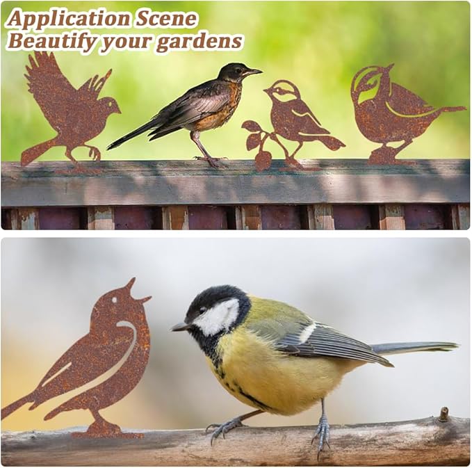 CREATCABIN 5Pcs Rusty Birds Fence Decoration Outdoor Birds Decor for Yard Art Metal Craft Statue Ornaments Iron Sculptures Stakes Rustic Garden Decor for Farmhouse Yard Wall