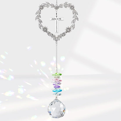 Christian Gifts for Women, Heart Shaped Suncatcher with Cross, John 3:16 Crystal Hanging Ornament, Inspirational Religious Birthday Catholic Spiritual & Baptism Confirmation Gifts for Girls