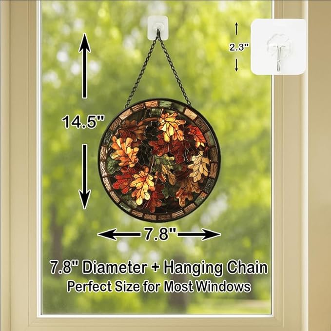 Oak Leaves Stained Glass Window Hanging Panel – Autumn Fall Theme Suncatcher Wall Art for Home Window Decor and Gift