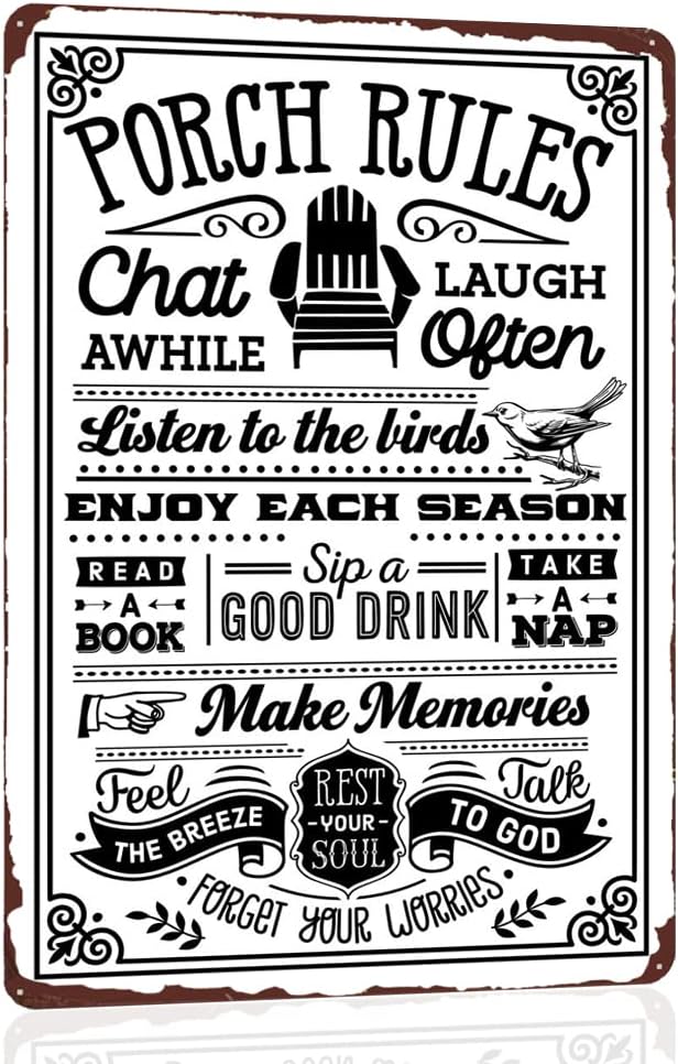Porch Rules Vintage Metal Sign, Porch Decor Door Sign, Funny Porch Sign Rustic Wall Decor for Outdoor Yard 12x8 Inch