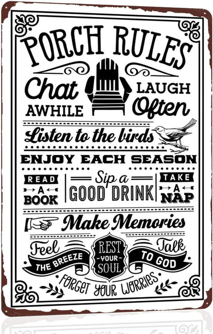 Porch Rules Vintage Metal Sign, Porch Decor Door Sign, Funny Porch Sign Rustic Wall Decor for Outdoor Yard 12x8 Inch