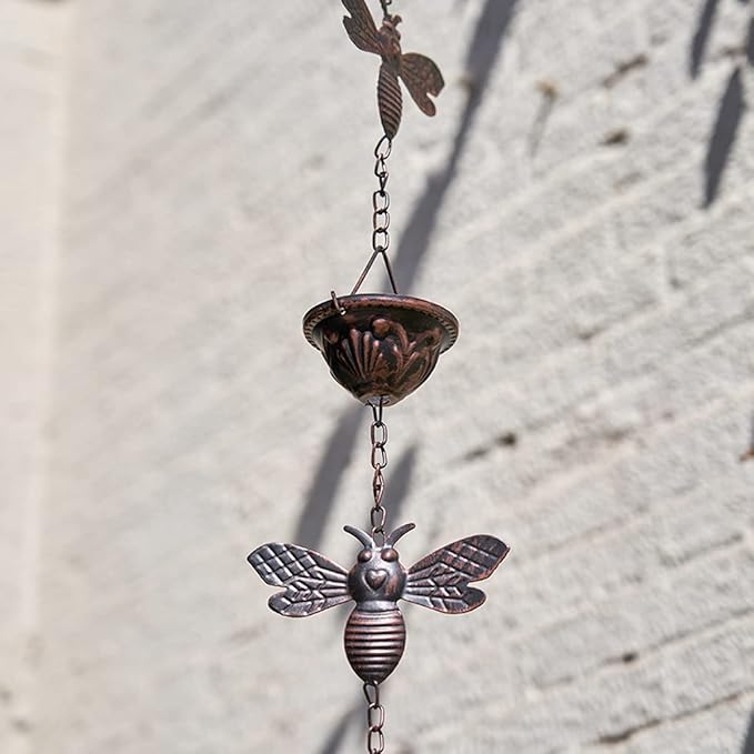 8.5Ft Bee and Cup Rain Chain Outdoor Decorative Rain Gutter Drain Rain Catcher Gutter Chain