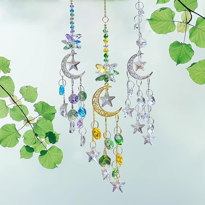 Hanging Crystal Suncatchers Window Prism 3 Pcs/3 Colors Moon and Star Prism SunCatcher Rainbow Maker Car Charm Mirror Accessories Mom Grandma Gifts KEINIA