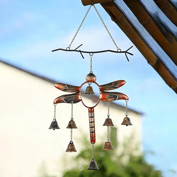 Dragonfly with Bells Wind Chime, Handcrafted Wind Chimes with 8 Bells (Flamed Finish), Outdoor Metal Hook Hanging Decor, Garden Decoration, Gardening Gifts, Decorative Hanging Garden Decor