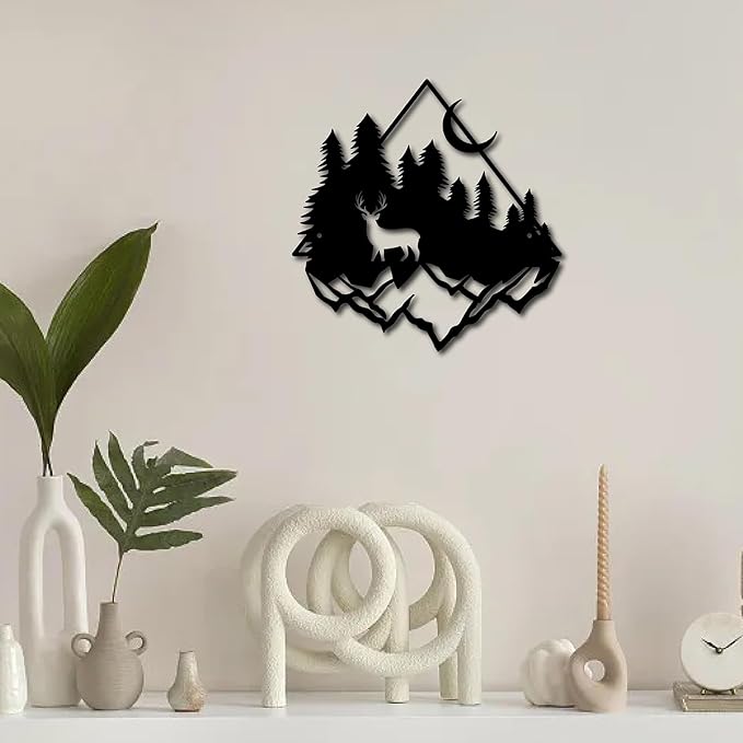 CREATCABIN Deer Pine Tree Metal Wall Art Decor Mountain Forest Black Wall Signs Iron Hanging Metal Ornament Sculpture for Balcony Garden Home Bedroom Decoration Outdoor 11.8x11.6Inch