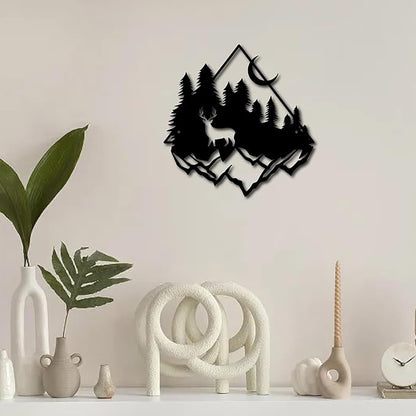 CREATCABIN Deer Pine Tree Metal Wall Art Decor Mountain Forest Black Wall Signs Iron Hanging Metal Ornament Sculpture for Balcony Garden Home Bedroom Decoration Outdoor 11.8x11.6Inch