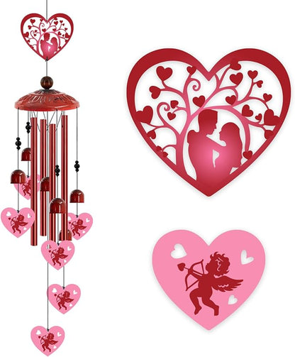 Love Heart Wind Chimes Outdoor,Romantic Metal Wind Chime for Couples – Valentine’s Day Anniversary Wedding Gift for Wife & Husband, Cupid & Couple Garden Porch Decor (Red)