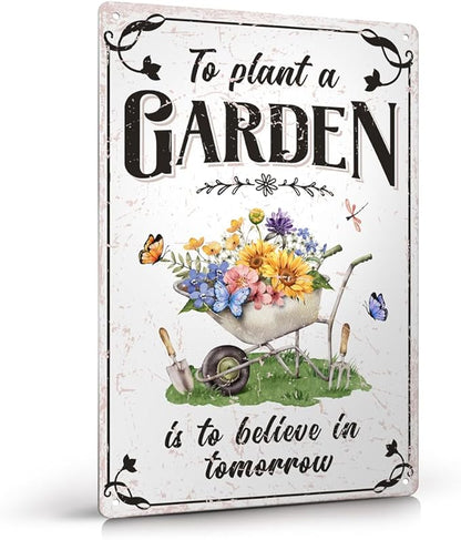 Vintage Tin Sign - 'Plant A Garden' for Home, Greenhouse - 12"x8"